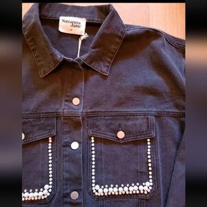 Savanna Jane Black Denim Jacket 1X Rhinestones Pearls